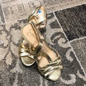 Jessica Simpson gold wedges